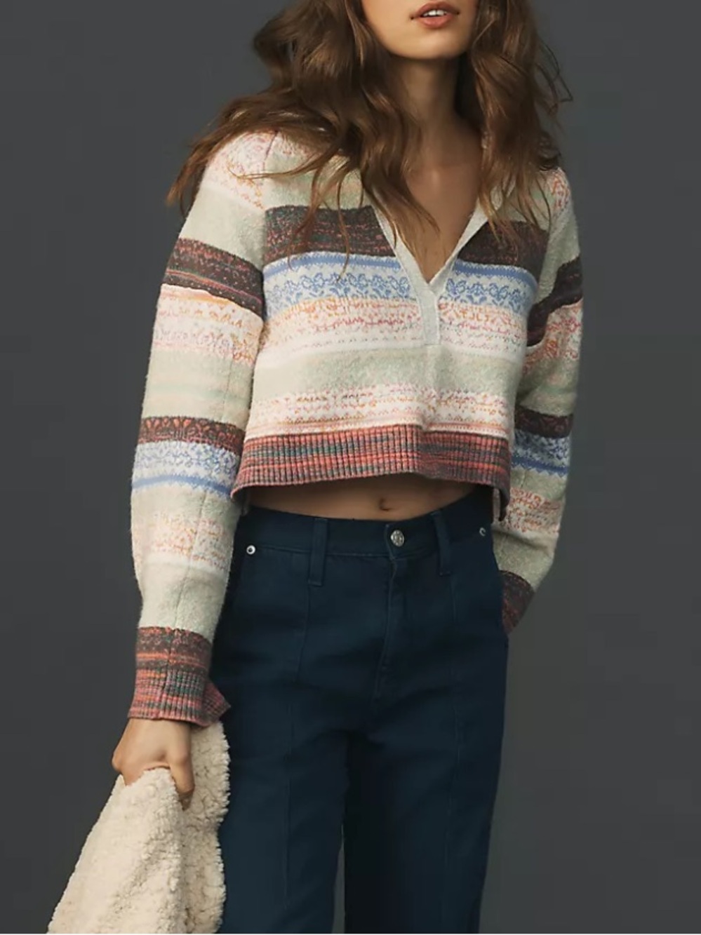 Anthropologie Daily Practice Cropped Striped Fair Isle V-Neck Sweater